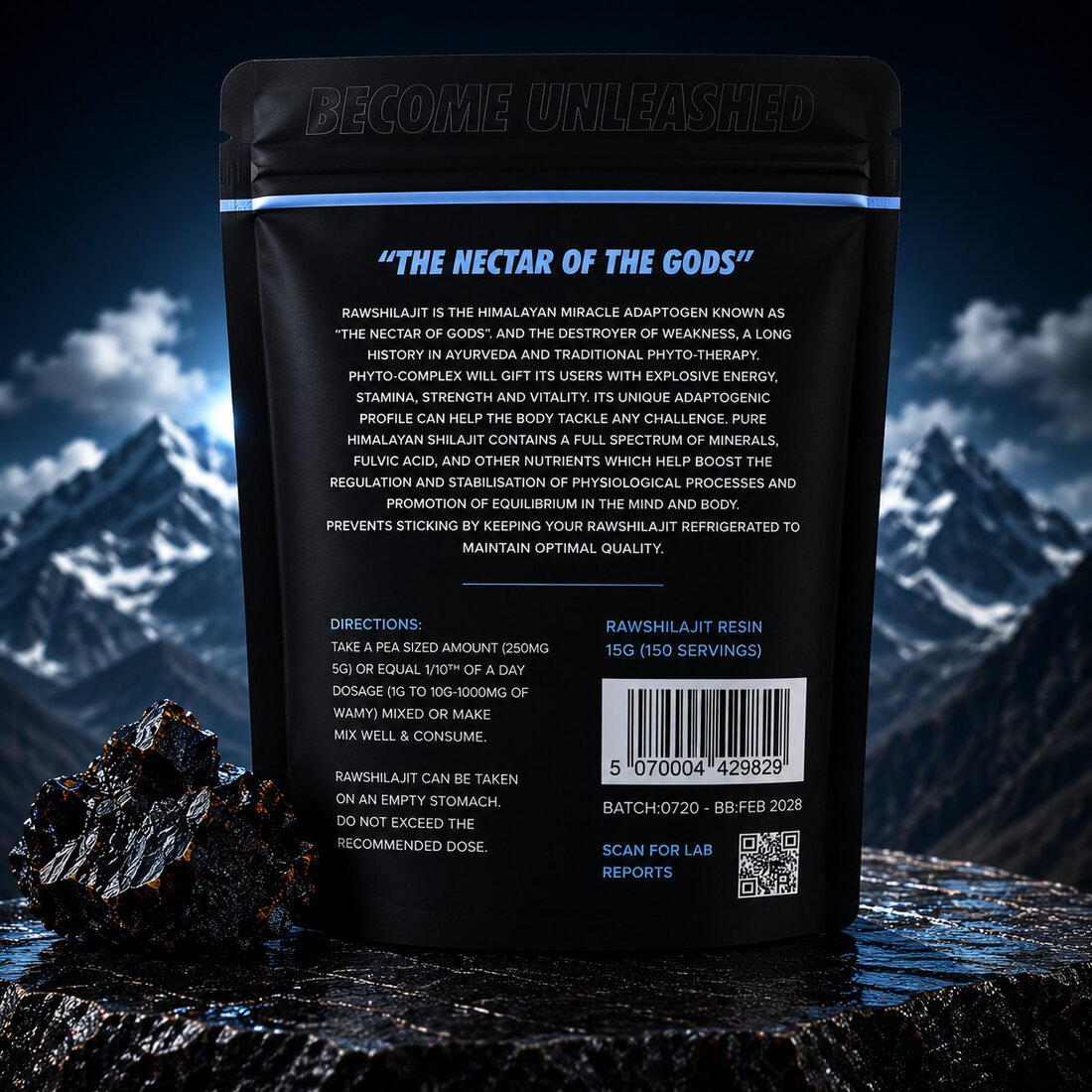 Shilajit Resin 15g pouch back label with directions