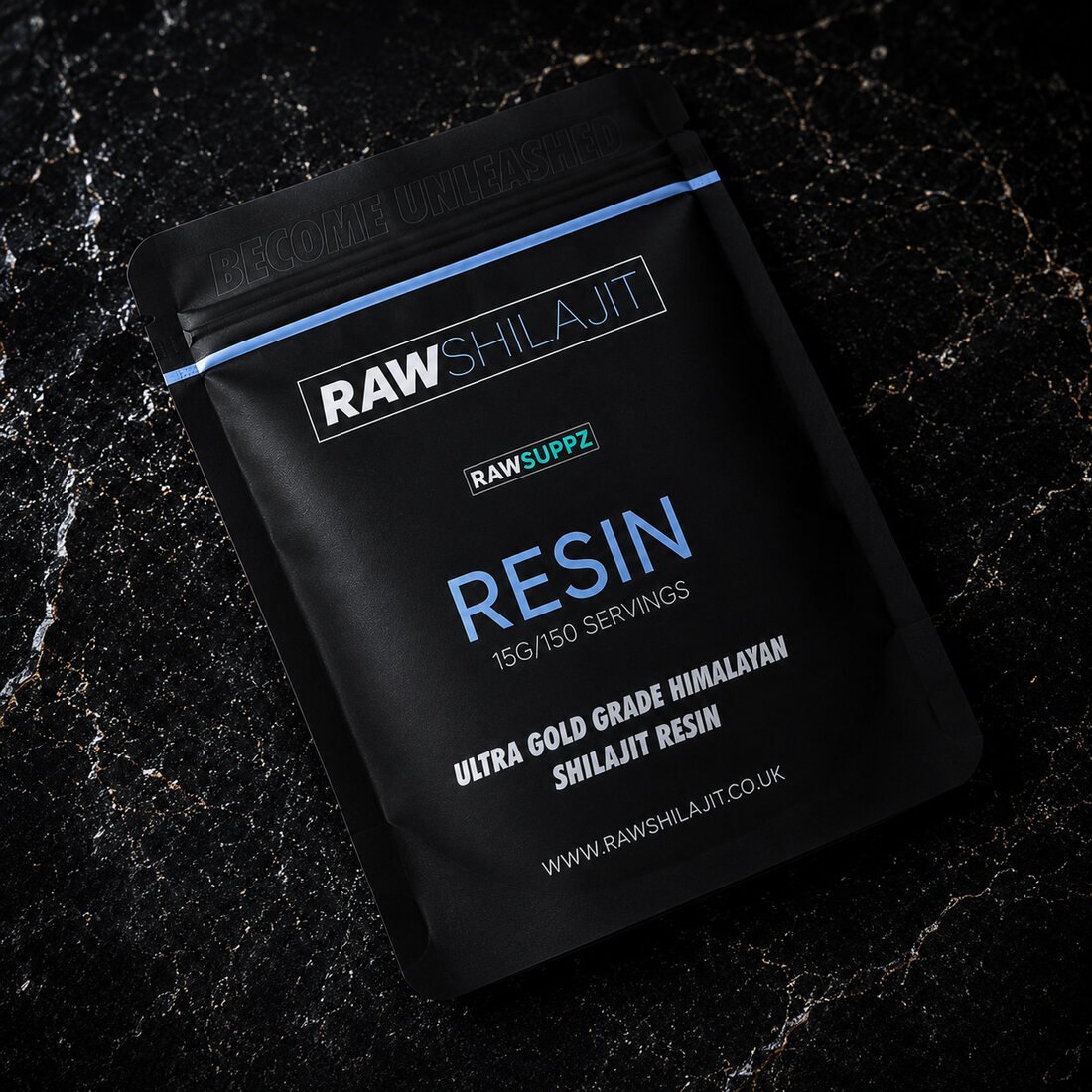 Lab-tested Shilajit Resin 15g pouch flat-lay