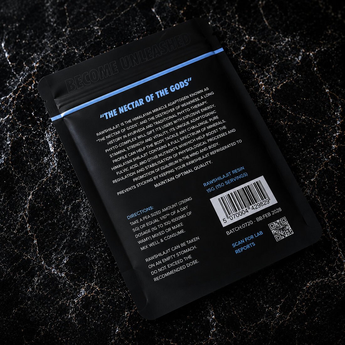 Pure Shilajit Resin 15g pouch packaging detail